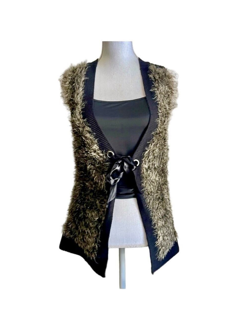 Nic + Zoe Eyelash Knit Ribbon Tie Front Vest Women’s Size M Black Tan Gray